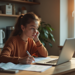 Jeune adulte pensif à la maison avec factures et ordinateur