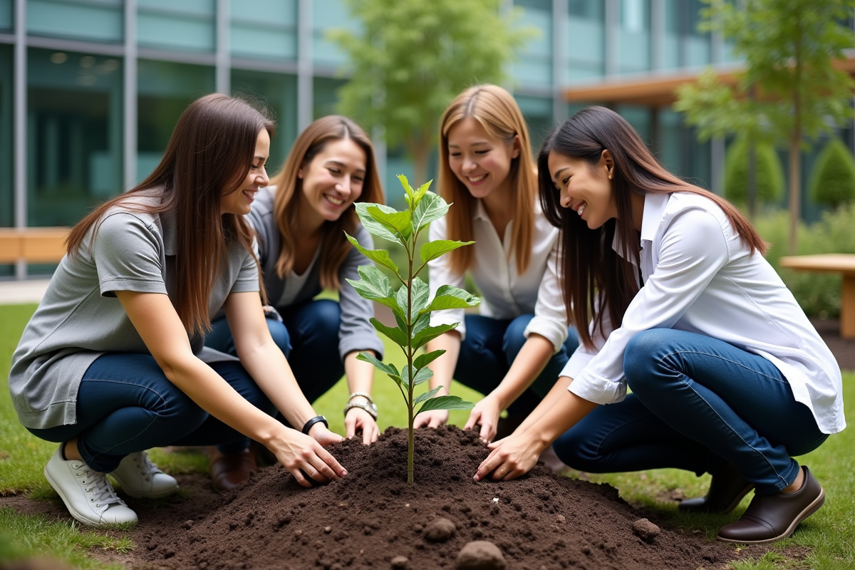 Groupe divers plantant un jeune arbre dans la cour d