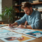 Jeune designer arrangeant des flyers colorés sur un bureau créatif