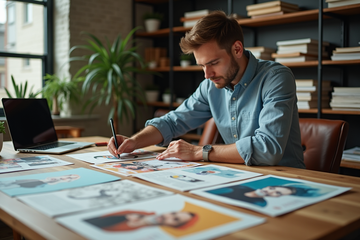 Jeune designer arrangeant des flyers colorés sur un bureau créatif
