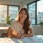 Jeune femme souriante au bureau avec calendriers de vacances