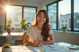 Jeune femme souriante au bureau avec calendriers de vacances