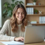 Jeune femme détendue travaillant sur son ordinateur dans un bureau lumineux