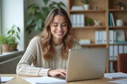 Jeune femme détendue travaillant sur son ordinateur dans un bureau lumineux