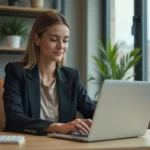 Femme professionnelle concentrée sur son ordinateur dans un bureau lumineux