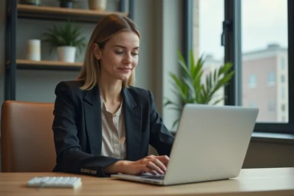 Femme professionnelle concentrée sur son ordinateur dans un bureau lumineux