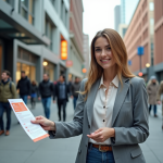 Jeune femme professionnelle distribuant des flyers en ville