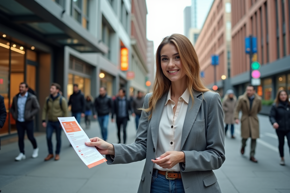 Jeune femme professionnelle distribuant des flyers en ville