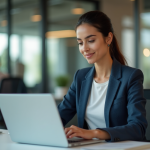 Jeune femme professionnelle interagissant avec une assistante virtuelle