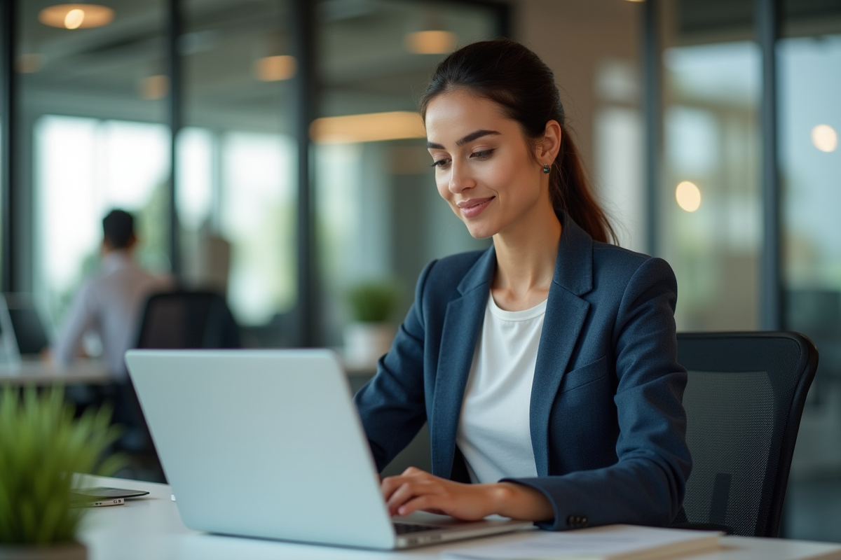 Jeune femme professionnelle interagissant avec une assistante virtuelle