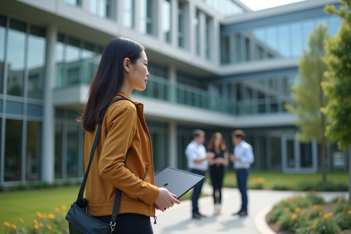 Jeune ingénieure en extérieur observant ses collègues