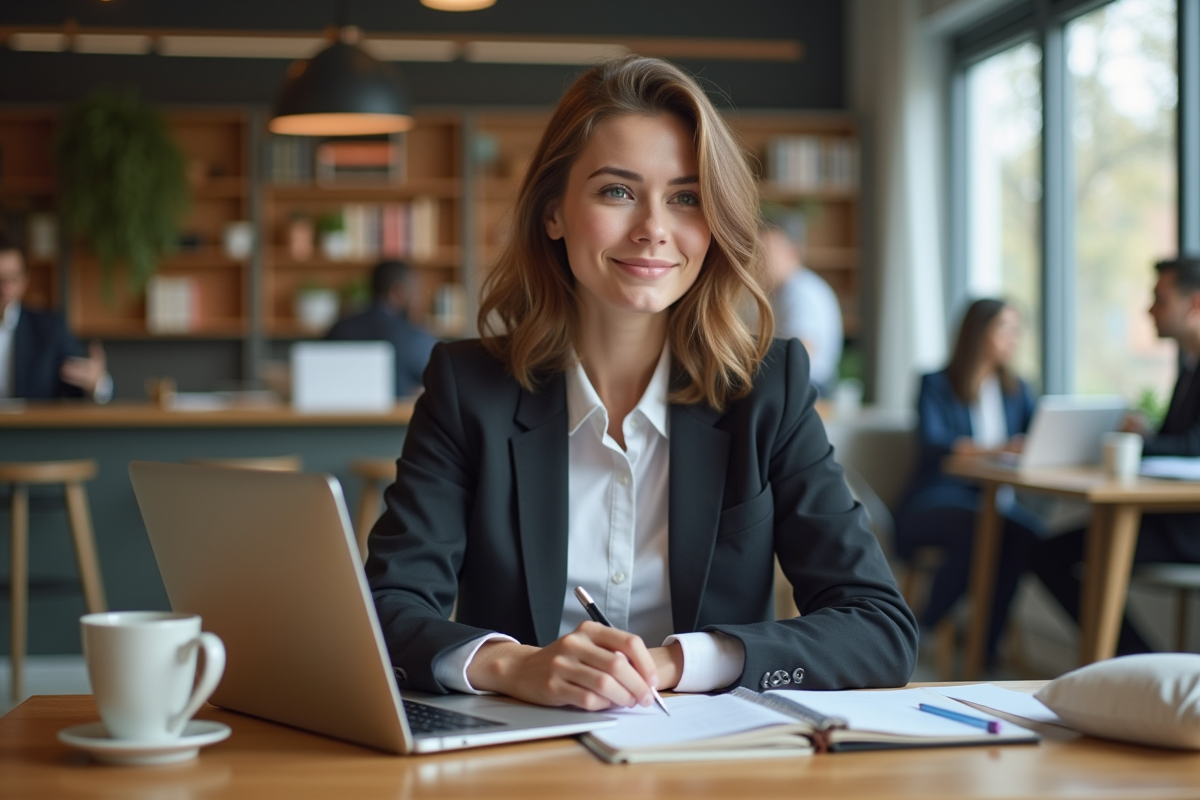 Jeune femme marketing travaillant à son bureau lumineux