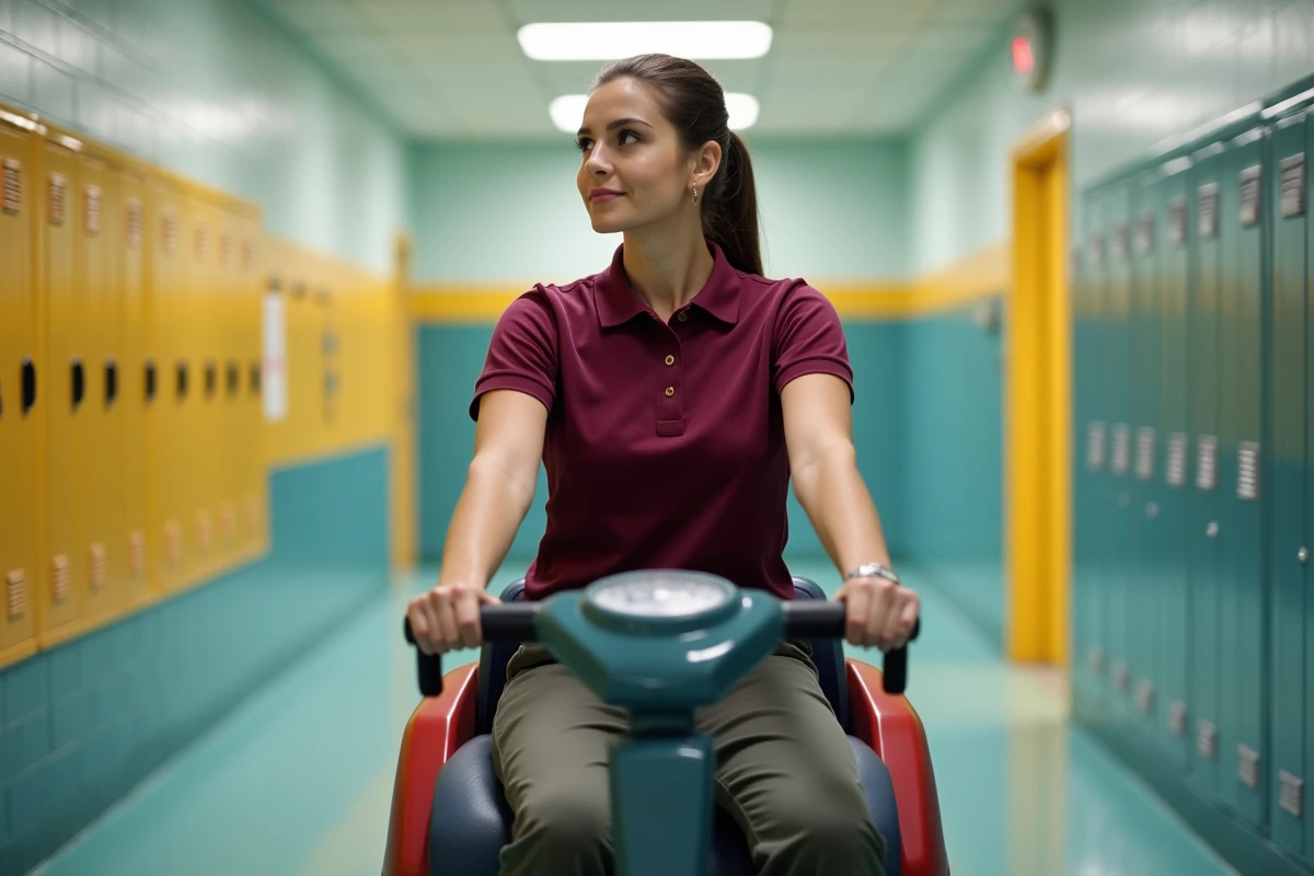 Jeune femme en polo et pantalon sur un nettoyeur dans un couloir scolaire