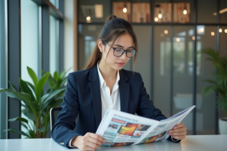 Jeune femme professionnelle lisant une publicité dans un bureau moderne