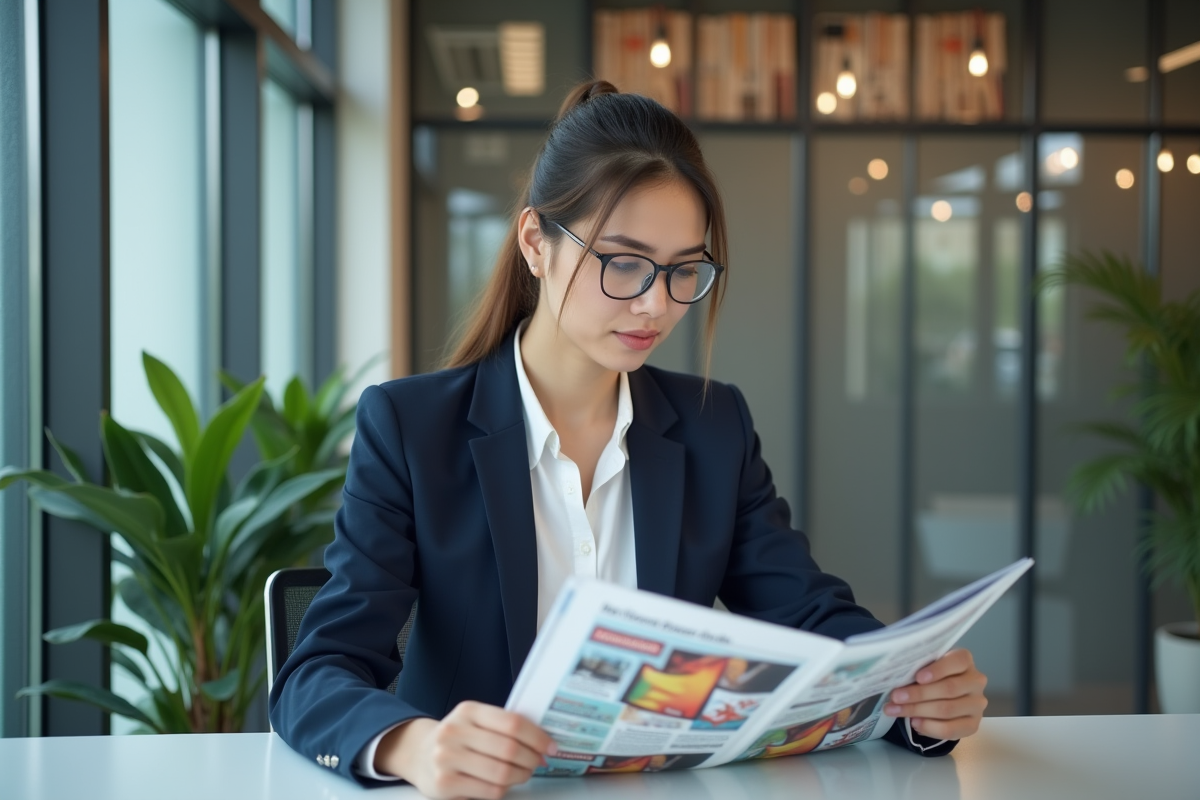 Jeune femme professionnelle lisant une publicité dans un bureau moderne