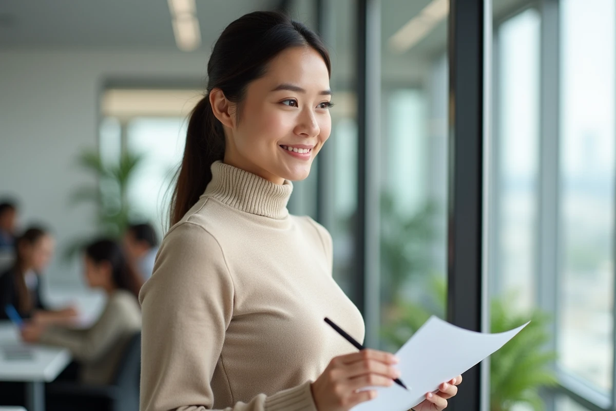 Jeune femme professionnelle relisant une lettre de remerciements dans un bureau moderne
