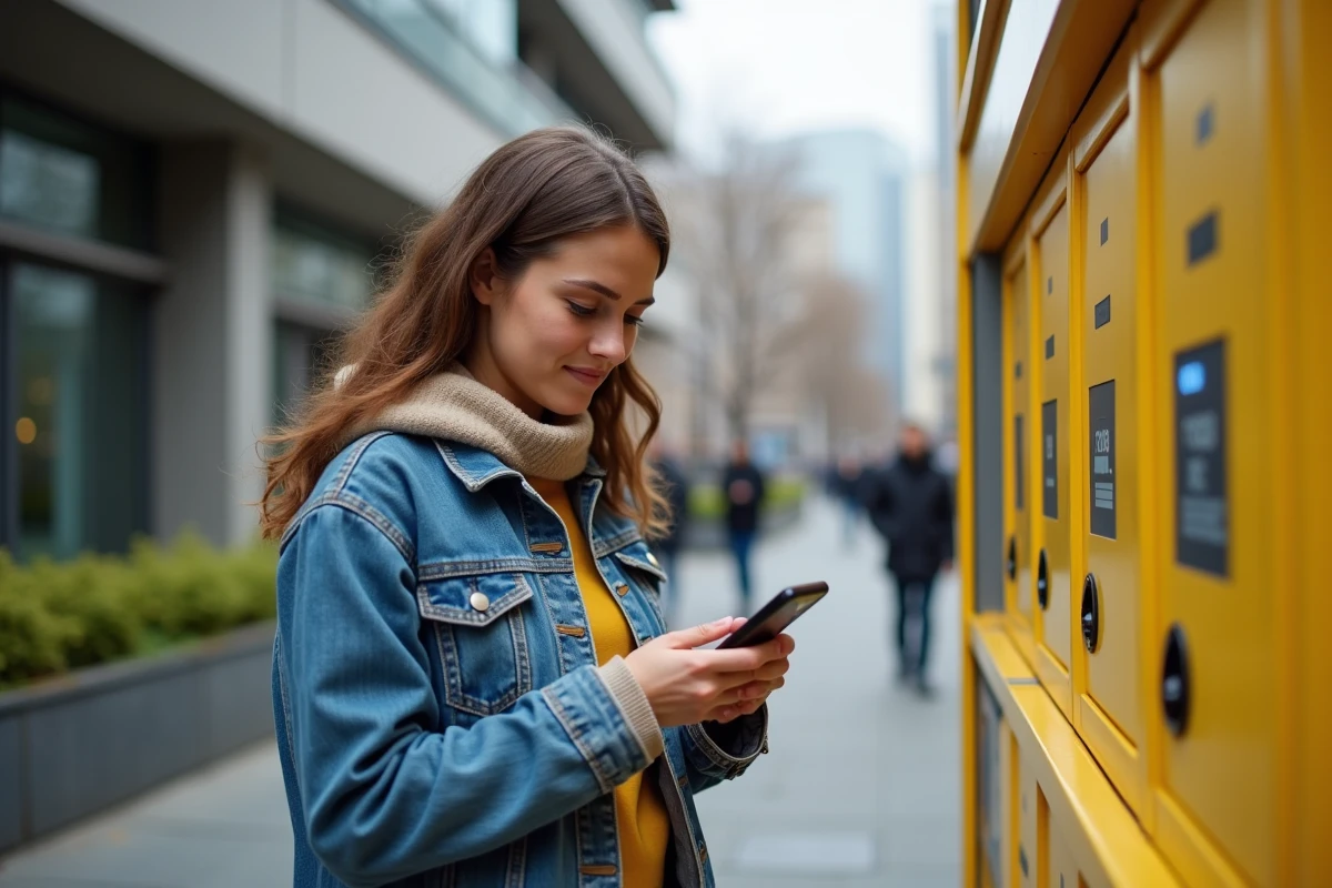 Jeune femme urbaine vérifiant son smartphone devant un casier