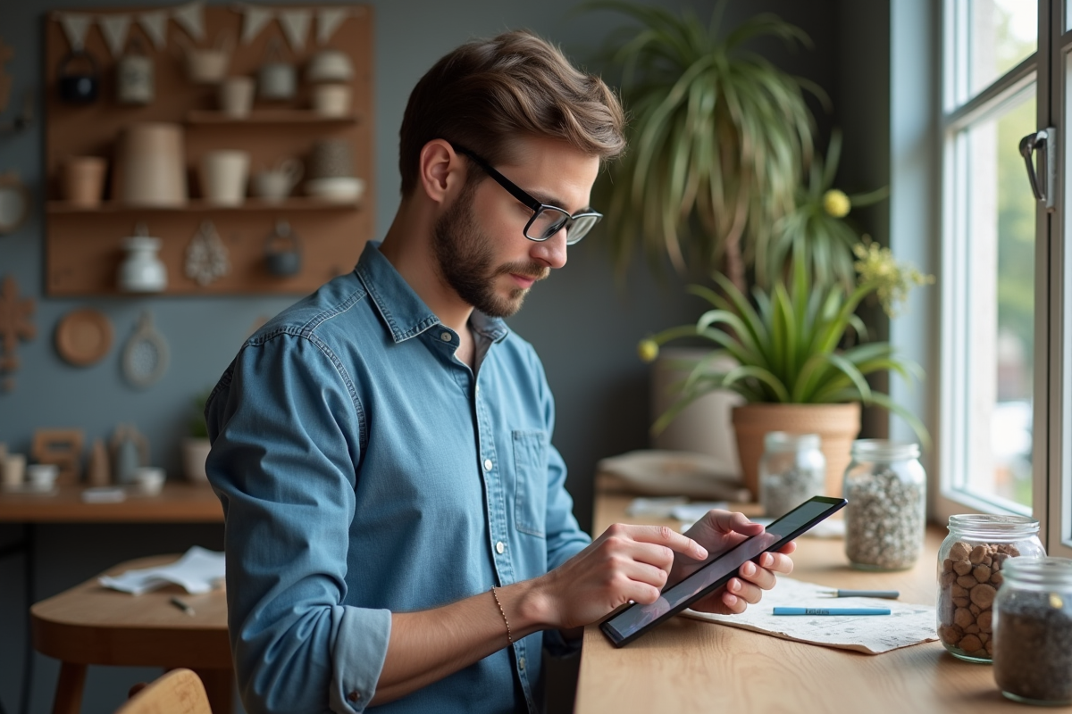 Jeune homme utilisant une tablette dans un atelier artisanal