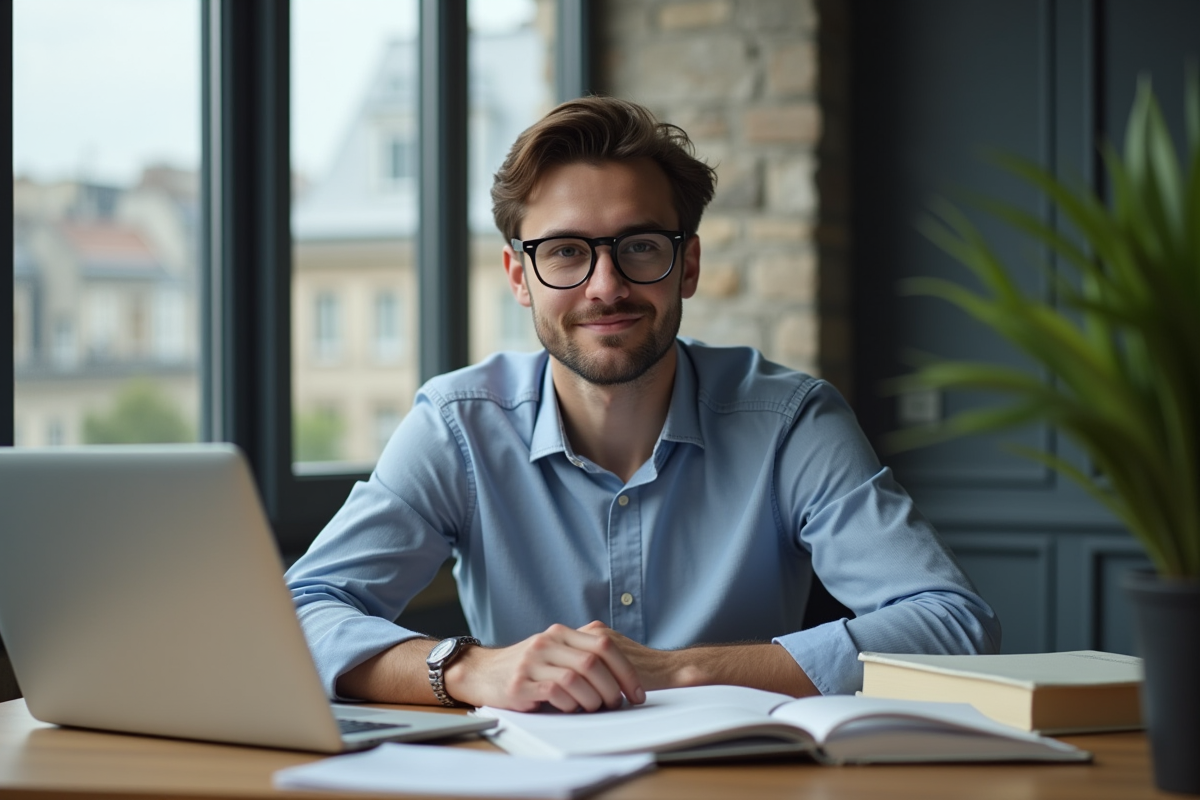 Jeune homme français au bureau avec livres de droit