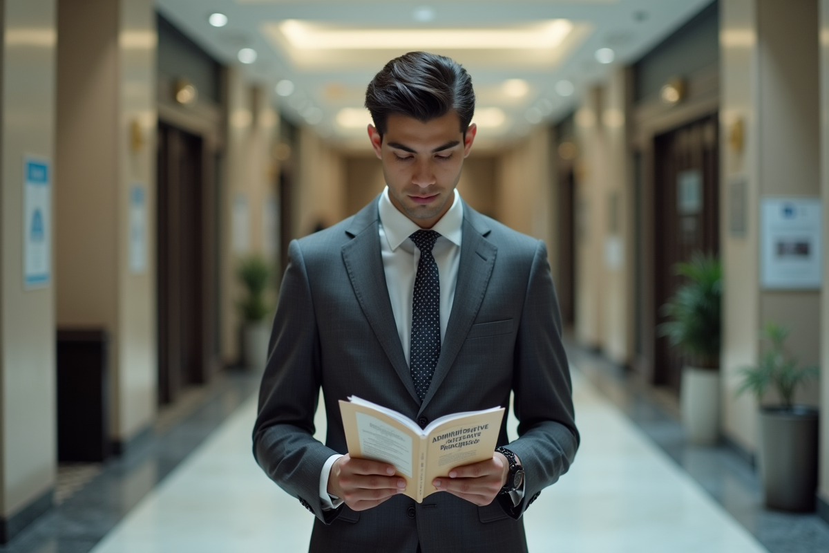 Jeune homme lisant un livret dans un hall officiel