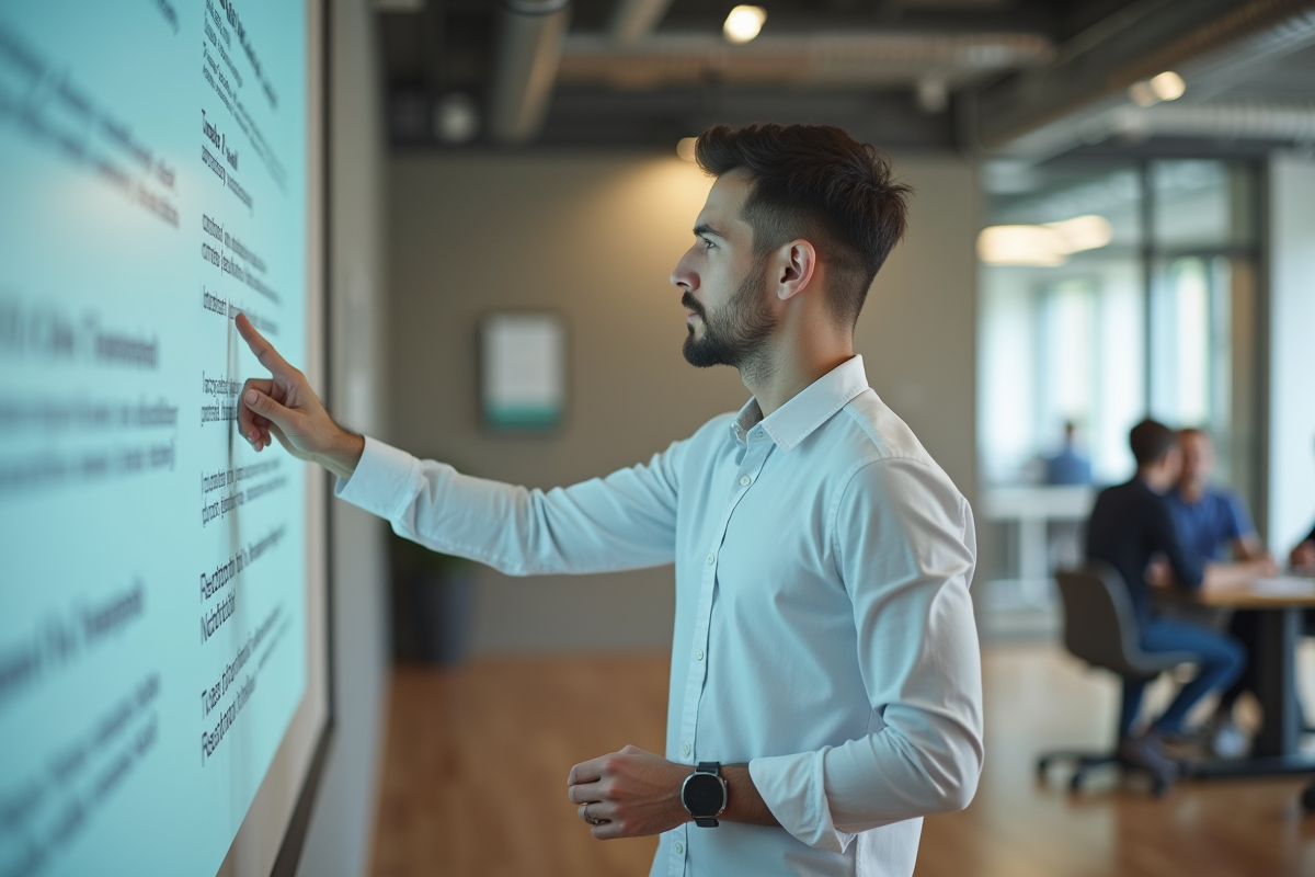 Jeune homme en coworking pointant une notice légale projetée