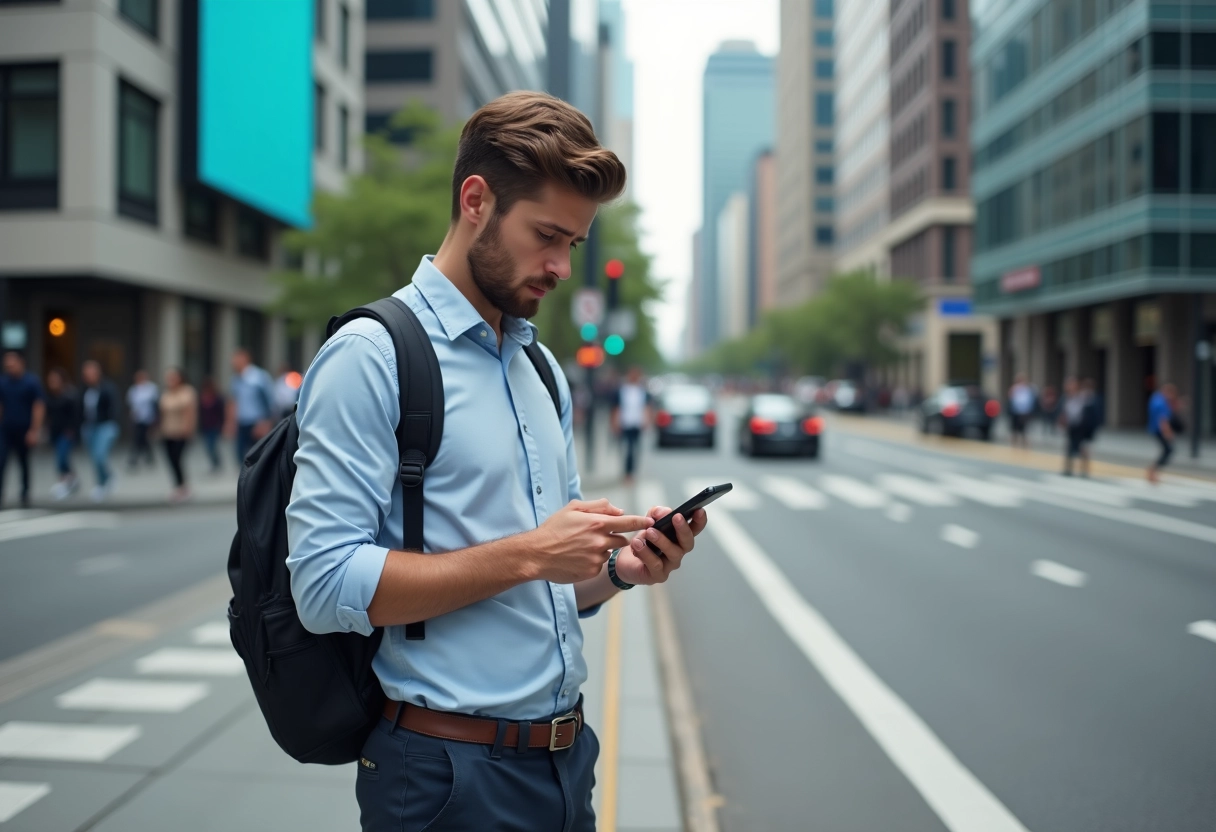 Jeune homme frustré utilisant son smartphone en ville