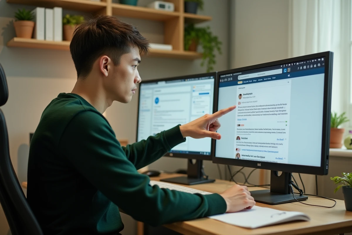 Jeune professionnel analysant le titre de son profil LinkedIn sur un double écran dans un bureau à domicile, remettant en question son positionnement en ligne