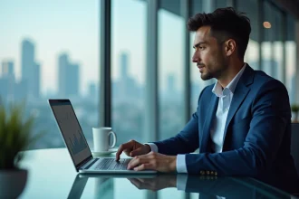 Jeune homme d'affaires analysant des graphiques numériques