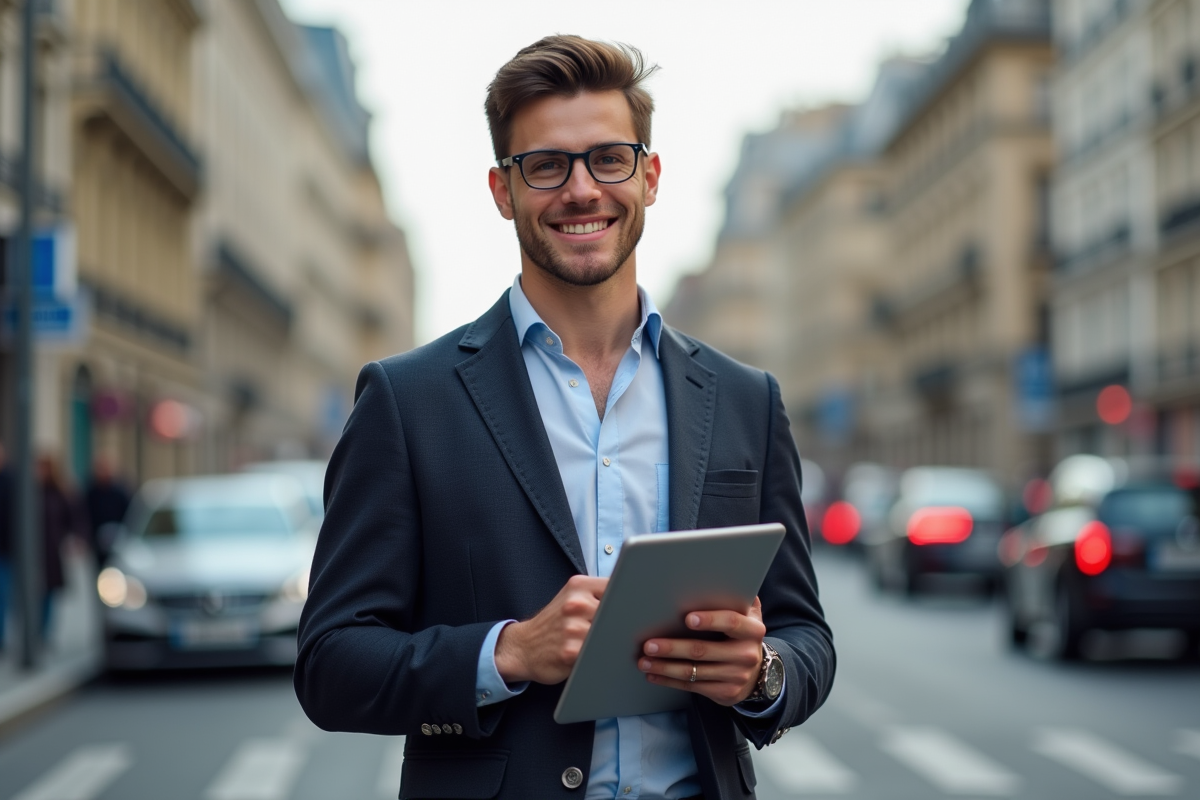 Jeune professionnel debout dans Paris avec une tablette en main