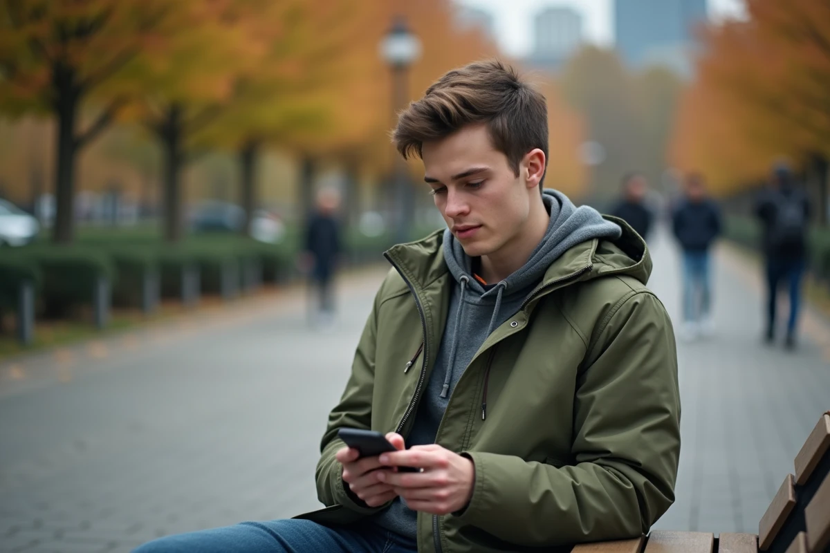 Jeune personne assise sur un banc en ville vérifiant un numéro de téléphone récurrent sur son smartphone