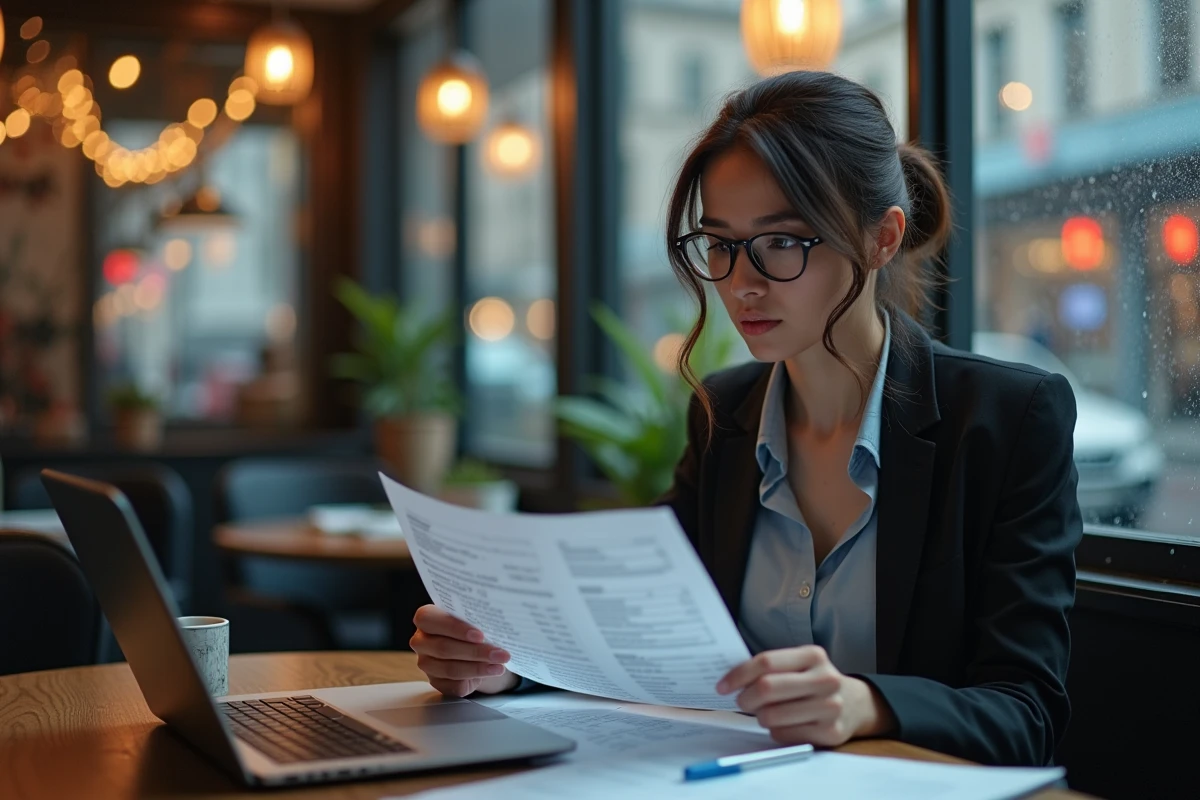 Jeune journaliste enqueteuse examine des documents financiers au café