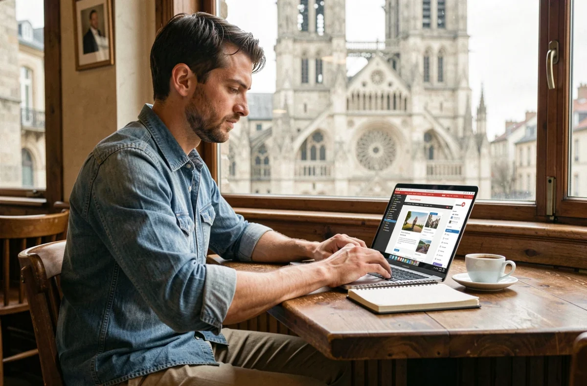 Expert web freelance Kentin Canelas en Eure-et-Loir travaillant sur un projet de site client dans un café de Chartres