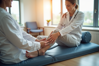 Physiothérapeute aidant un patient lors d'exercices de jambe dans une clinique lumineuse