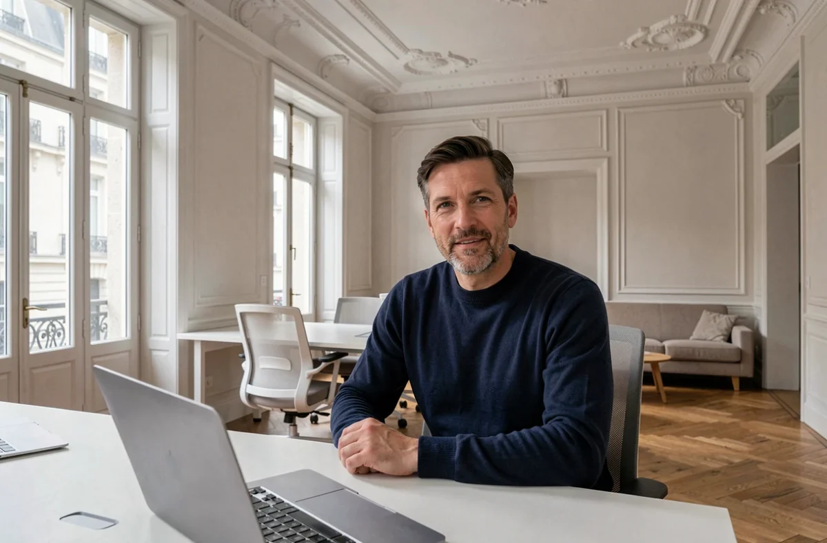 Le 122 à Arras, espace de coworking dans un bâtiment haussmannien rénové avec un professionnel travaillant dans un cadre élégant