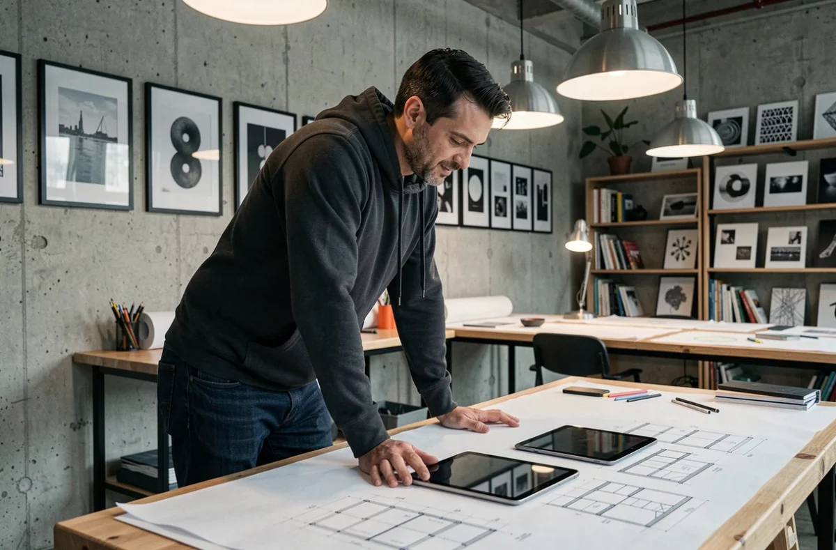 Le Labo à Lens, espace de coworking créatif avec un professionnel travaillant sur un grand bureau de dessin dans un loft industriel
