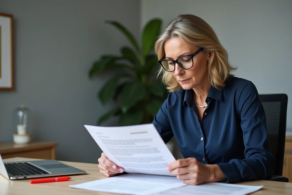 Femme lisant attentivement un contrat de prêt entre particuliers dans un bureau à domicile