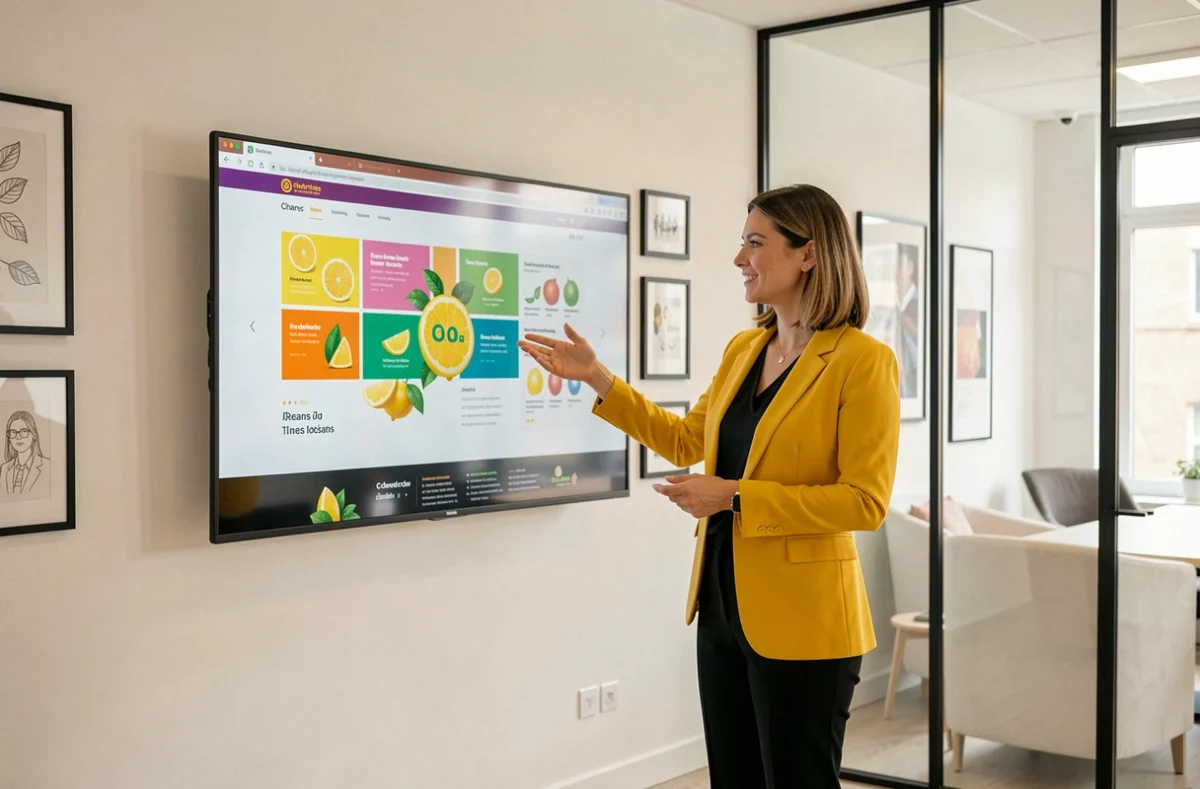 Directrice créative de l'agence LEMON Création à Chartres présentant une identité de marque et un design web sur grand écran