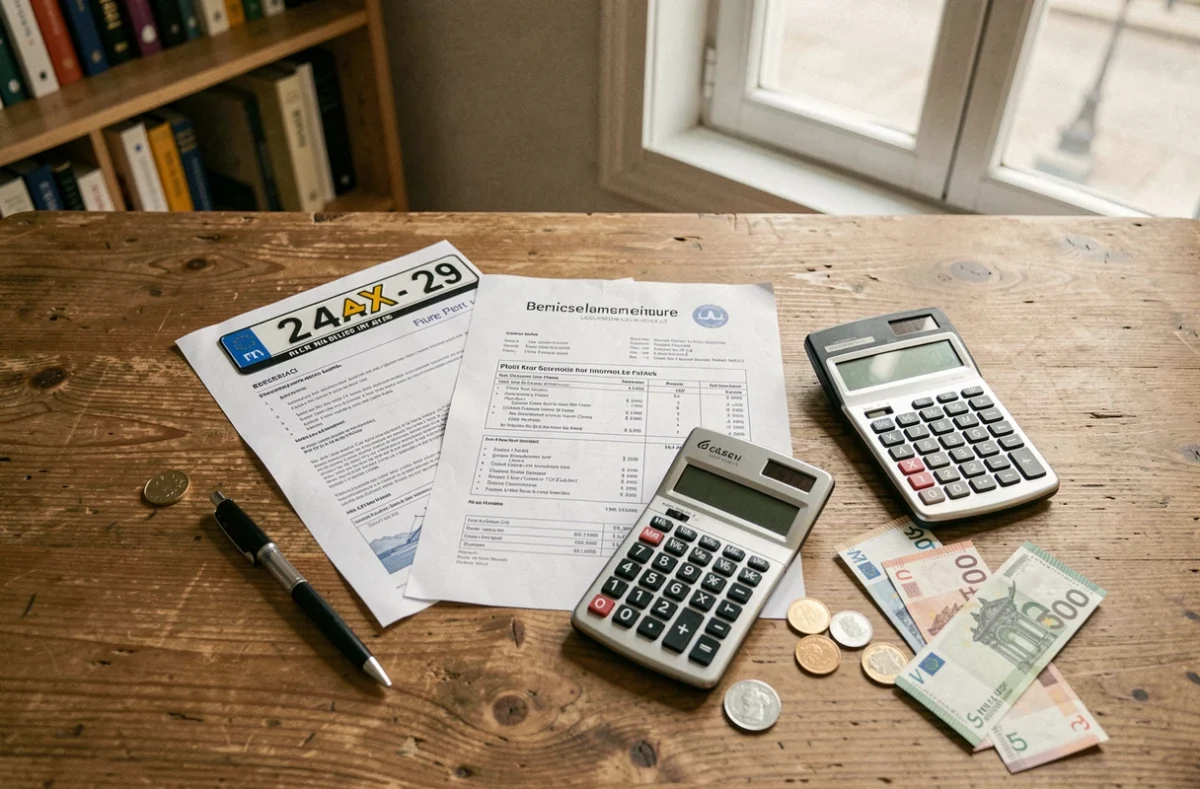 Plat posé sur bureau avec licence taxi parisienne documents administratifs billets euros et calculatrice pour analyse de rentabilité