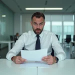 Employé en état de choc lisant une lettre de licenciement pour faute lourde dans une salle de réunion d'entreprise