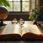 Livre ancien ouvert avec globe et lunettes vintage