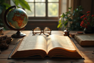 Livre ancien ouvert avec globe et lunettes vintage