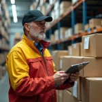 Livreur homme en veste jaune et rouge dans un entrepôt de colis