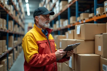 Livreur homme en veste jaune et rouge dans un entrepôt de colis