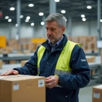 Livreur en centre de tri logistique avec scanner