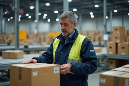 Livreur en centre de tri logistique avec scanner