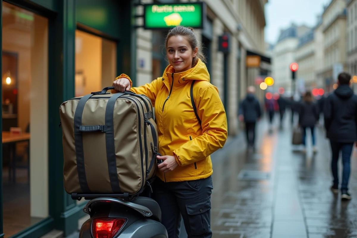 Livreuse Uber Eats attachant son sac thermique sur un scooter près d'une station de métro parisienne