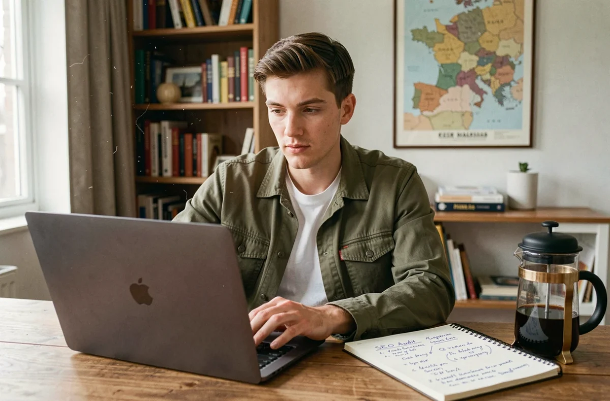 Lucas Kliminski, consultant SEO freelance, travaillant dans son bureau personnel dans les Hauts-de-France