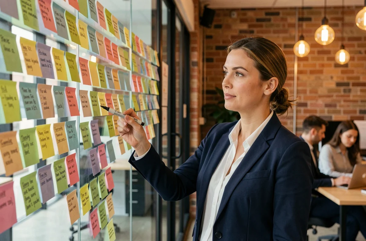Femme manager analysant et priorisant des idées affichées sur un mur en verre dans un bureau moderne