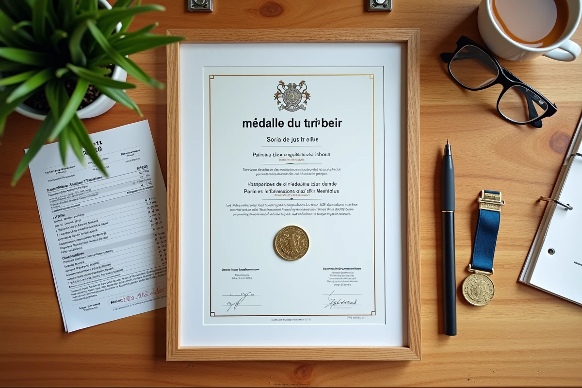 Vue aérienne d'un bureau avec une médaille du travail, un certificat officiel et des fiches de paie illustrant la prime d'ancienneté