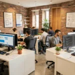 Vue d'ensemble d'une agence de création de sites internet en Eure-et-Loir avec des designers et développeurs web au travail